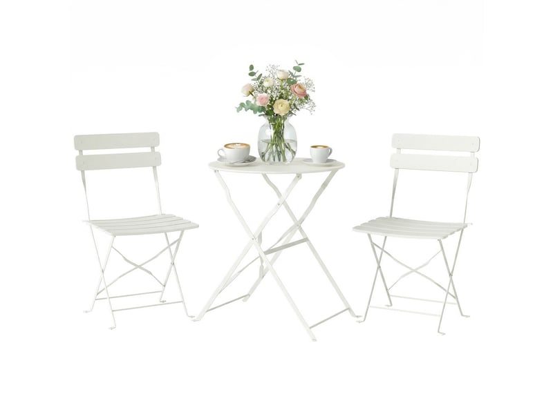  Ensemble bistrot de jardin 3 pièces table et 2 chaises pliantes à lattes double protection antirouille crème  - Conforama A