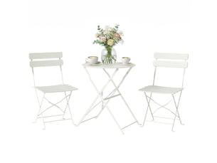 Ensemble bistrot de jardin 3 pièces table et 2 chaises pliantes à lattes double protection antirouille crème