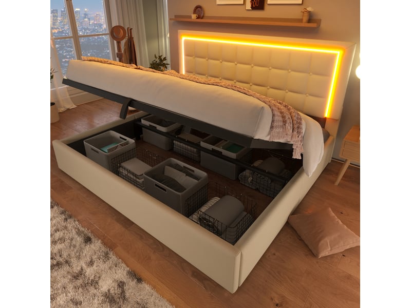 Lit double 180 × 200 cm avec coffre relevable, sommier à lattes et éclairage led en pu blanc, chambre 213 × 186 × 105 cm - Conforama E