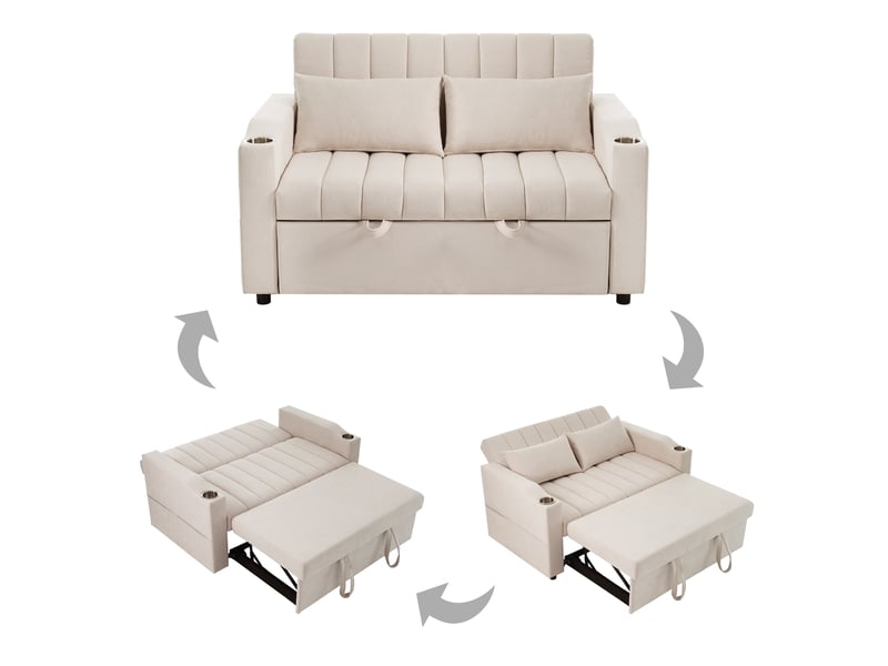 Canapé-lit 2 places 136x162 cm – beige – dossier réglable 3 positions, porte-gobelets et poches latérales - Conforama E