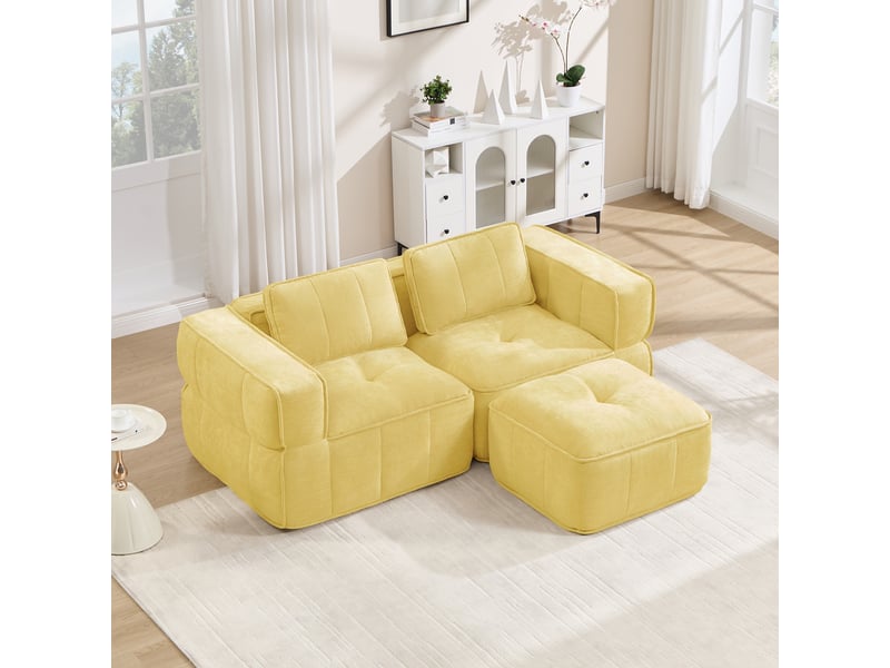  Canapé d'angle modulable 2 places en polyester, forme l avec pouf, jaune  - Conforama D