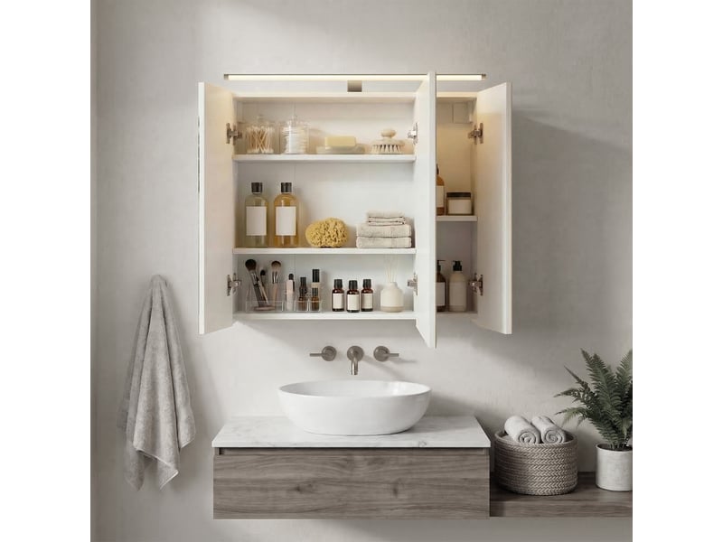 Armoire murale pour salle de bain, 3 portes miroir, avec éclairage, étagères ajustables, 15 x 60 x 55 cm, blanc - Conforama C