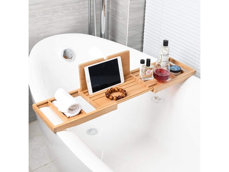 Plateau de bain 60-87 x 30 x 3 cm - decoration salle de bain bambou avec support de livre et porte-tablette - Conforama E