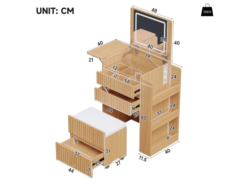  Coiffeuse 79x40x120 cm avec miroir led rabattable et tabouret à roulettes coloris naturel  - Conforama C