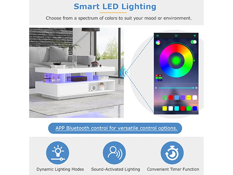  Table basse brillante en panneaux de particules avec lumière led,4 plateaux en verre,2 tiroirs et 2 compartiments ouverts,blanc table basse blanc - Conforama D