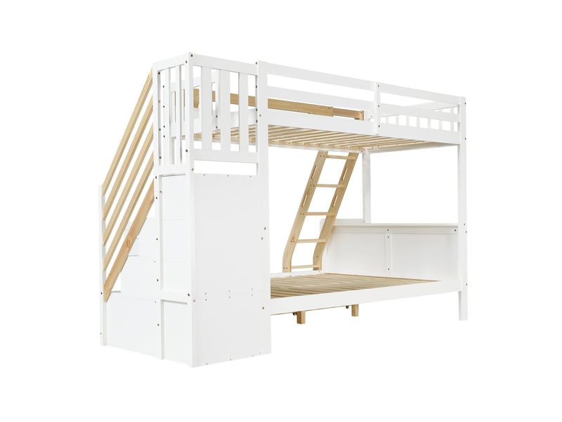 Lit superposé familial modenvie 90 x 200 cm et 140 x 200 cm avec escalier de rangement, échelle, 3 tiroirs, blanc et naturel  - Conforama E