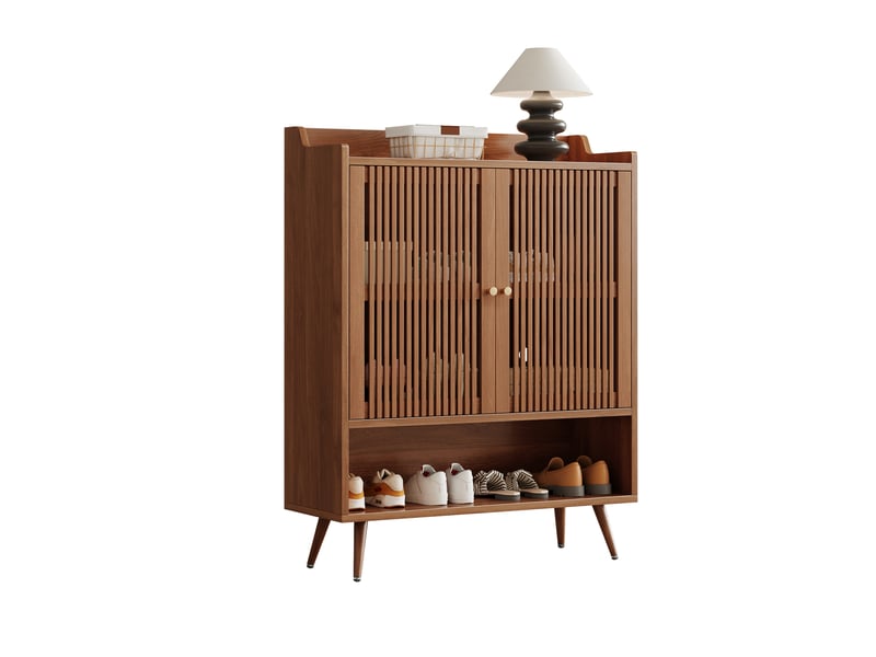  Meuble à chaussures 100cm noyer - meuble de rangement entrée avec portes rainurées et pieds en fer  - Conforama A