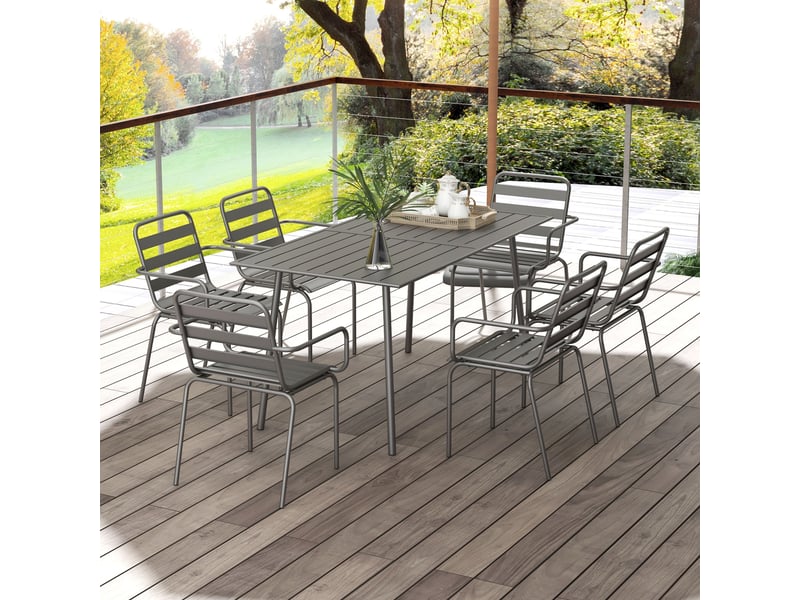 Salon de jardin ensemble salle à manger de jardin 7 pièces avec 1 table et 6 chaises empilables en acier gris foncé - Conforama D