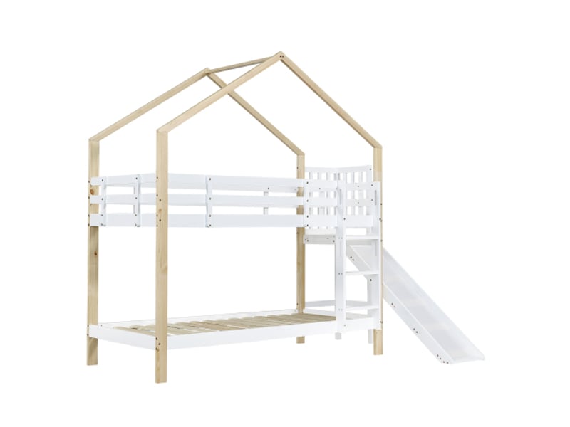 Lit superposé cabane 90x200 cm - avec toboggan, échelle sécurisée, barrières de protection - blanc et bois naturel - Conforama W