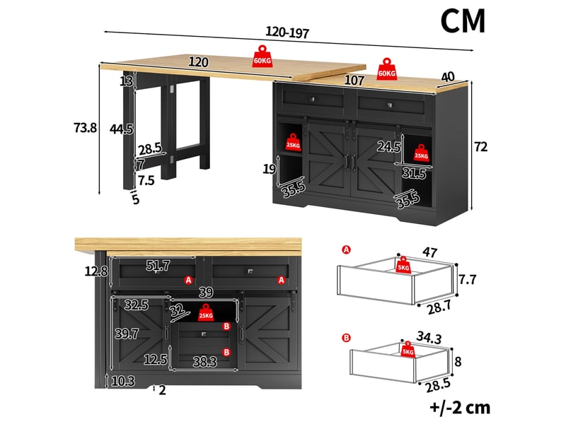  Îlot de cuisine modenvie 2 en 1 avec table à manger extensible, rangement et plateau pivotant, 120 à 197 x 40 x 72 cm, mdf noir aspect chêne  - Conforama C