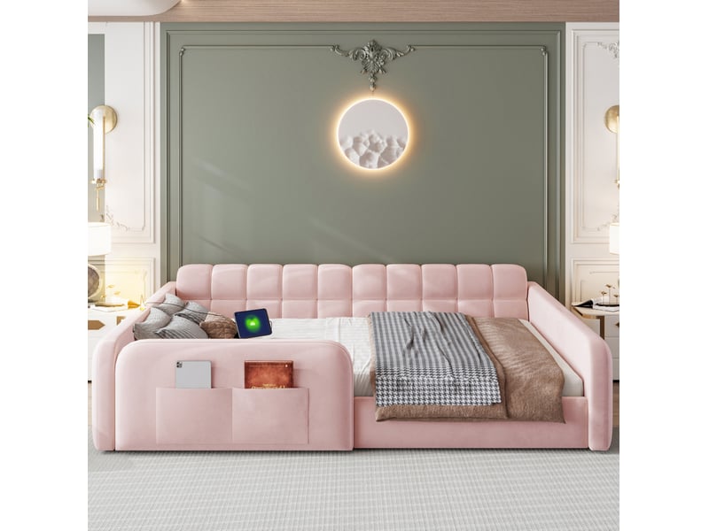  Lit enfant 140x200 cm avec tiroir, veilleuse et ports usb, en velours rose, sans matelas  - Conforama B