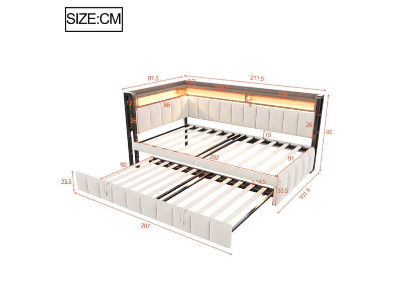 Canapé-lit convertible 90x200 cm, lit gigogne escamotable, led et ports usb-c, rangements, velours beige, sans matelas - Conforama C