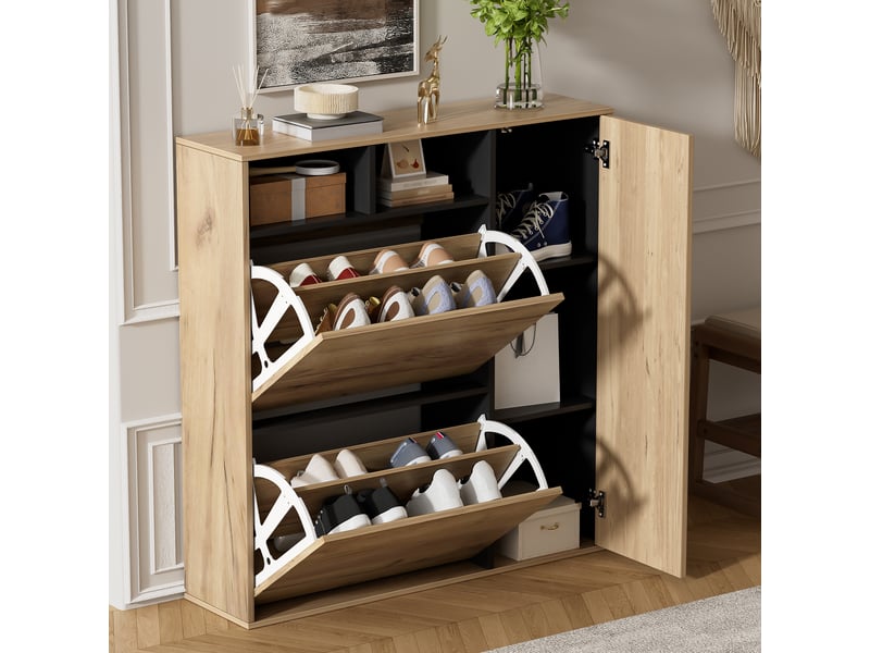 Meuble à chaussures 90x24x94 cm bois et noir, 2 abattants, 1 porte et niches ouvertes - Conforama B