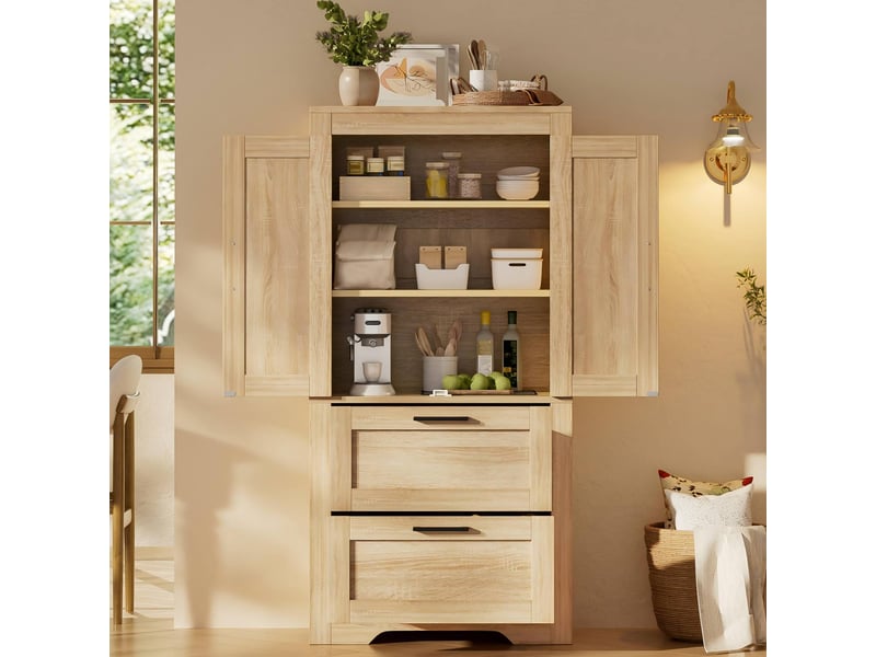  Meuble de rangement 60x30x128 cm, 2 portes, 2 tiroirs, finition bois naturel  - Conforama D