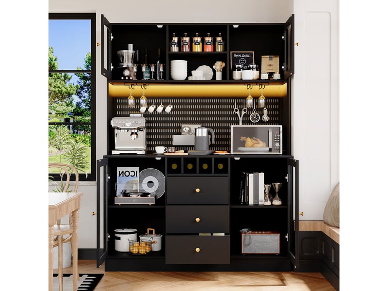Buffet de cuisine, armoire haute noire, 4 portes & 3 tiroirs, avce éclairage led, porte-bouteilles vin  - Conforama B