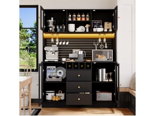 Buffet de cuisine, armoire haute noire, 4 portes & 3 tiroirs, avce éclairage led, porte-bouteilles vin