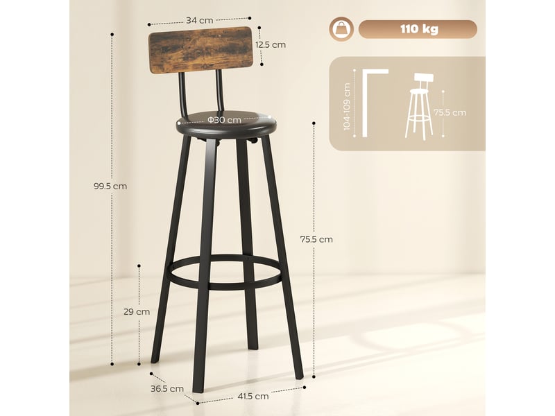  Ensemble de 2 tabourets de bar de style industriel avec dossier, assise et repose-pieds en similicuir, marron rustique  - Conforama E