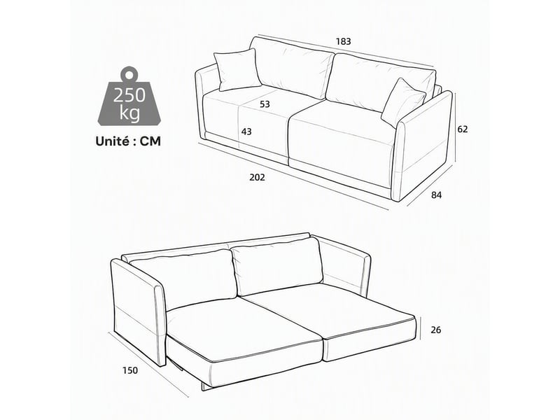 Canapé convertible avec couchage d’appoint - accoudoirs en bois, velours côtelé - beige - Conforama E