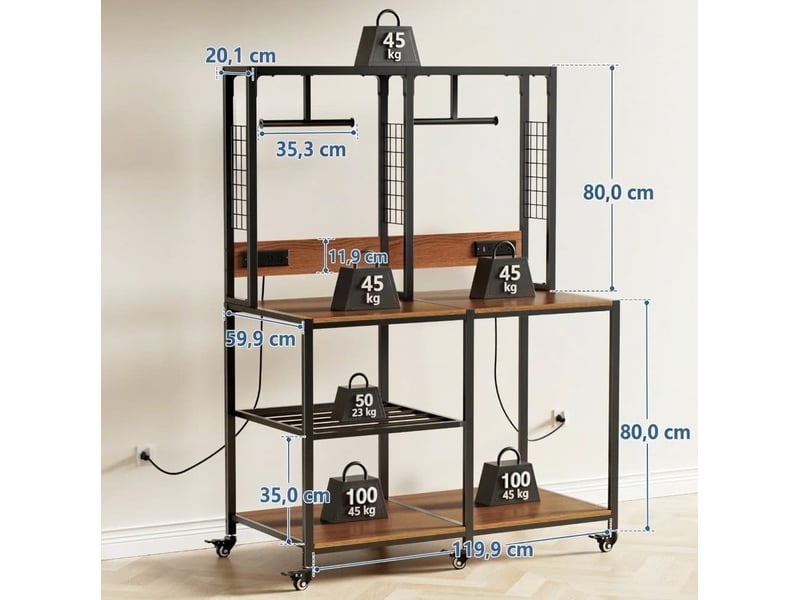  Étagère pour 2 imprimantes 3d avec supports de filament, rangements ouverts et roulettes freinées en métal noir  - Conforama C