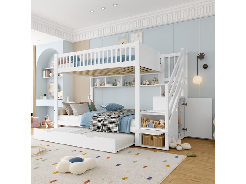  Lit superposés enfant 90x200cm avec lit gigogne, rangement, armoire, garde-corps, sommiers, pin blanc, sans matelas  - Conforama C