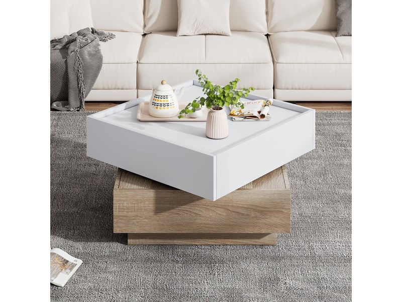  Table basse pivotante 360° 60 x 60 cm avec 2 tiroirs, blanc et noyer  - Conforama D