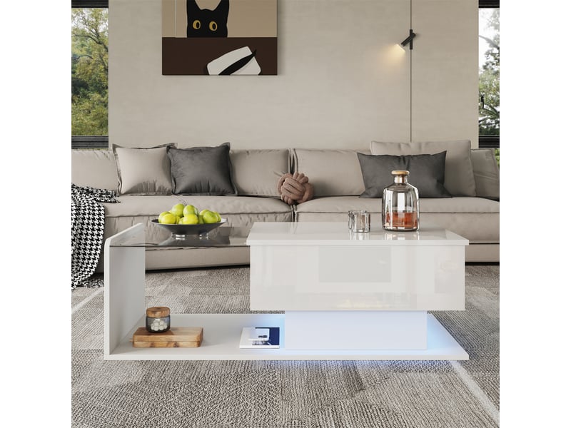  Table basse relevable avec plateau en verre trempé, rangement caché et led, pour salon, 100 x 50 x 47.5 cm, blanc  - Conforama C