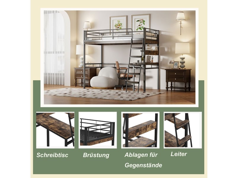  Lit mezzanine 90x200cm - lit une place - avec bureau et étagères - barrières de sécurité - échelle incluse - lit ado - noir  - Conforama E