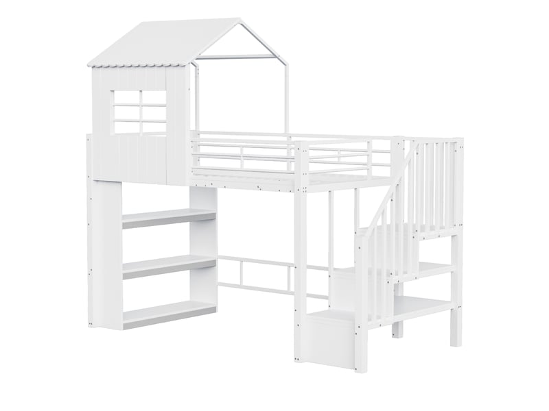 Lit mezzanine blanc 90x200 cm – design moderne, garde-corps haut, étagères intégrées, escalier montable (droitegauche) - Conforama E