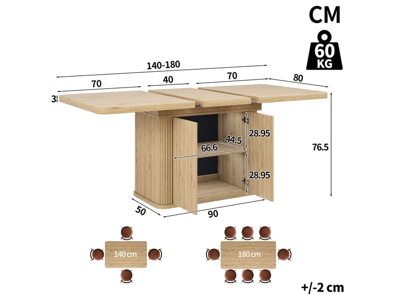  Table à manger extensible 140-180 x 80 cm – bois clair – rangement dissimulé et plateau central modulable  - Conforama C