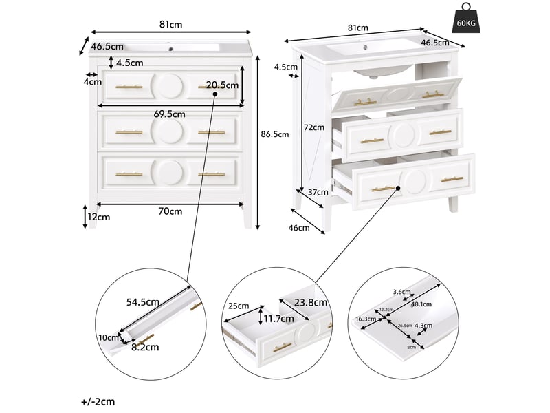  Meuble sous vasque avec 3 tiroirs à fermeture douce et vasque en céramique, rétro pour salle de bain, blanc, 81 × 46,5 × 86,5 cm  - Conforama E