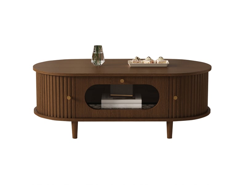  Table basse ovale 100x50x36 cm, table de salon, avec 1 tiroir et portes coulissantes, table d'appoint, en mdf, noyer  - Conforama A