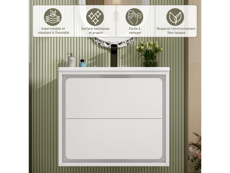 Meuble sous vasque suspendu avec 2 tiroirs et led à capteur radar, salle de bain, mdf et céramique, 60×46×50 cm, blanc - Conforama E