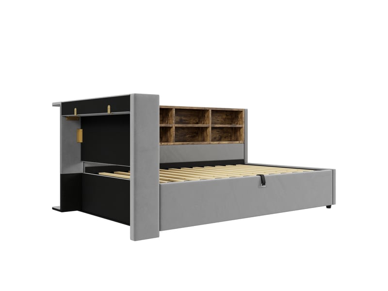  Lit coffre 90x200 cm avec éclairage nocturne, ports usb et type-c, mdf et métal couleur gris clair sans matelas  - Conforama E