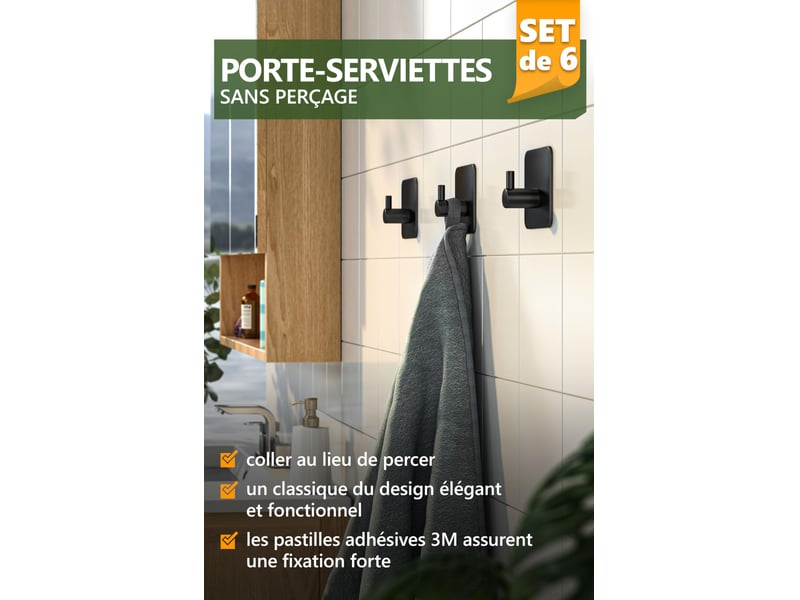  Crochet adhésif mural noir 6 pièces - porte serviette salle de bain, accroche torchon cuisine, portemanteau autocollant acier inox  - Conforama D