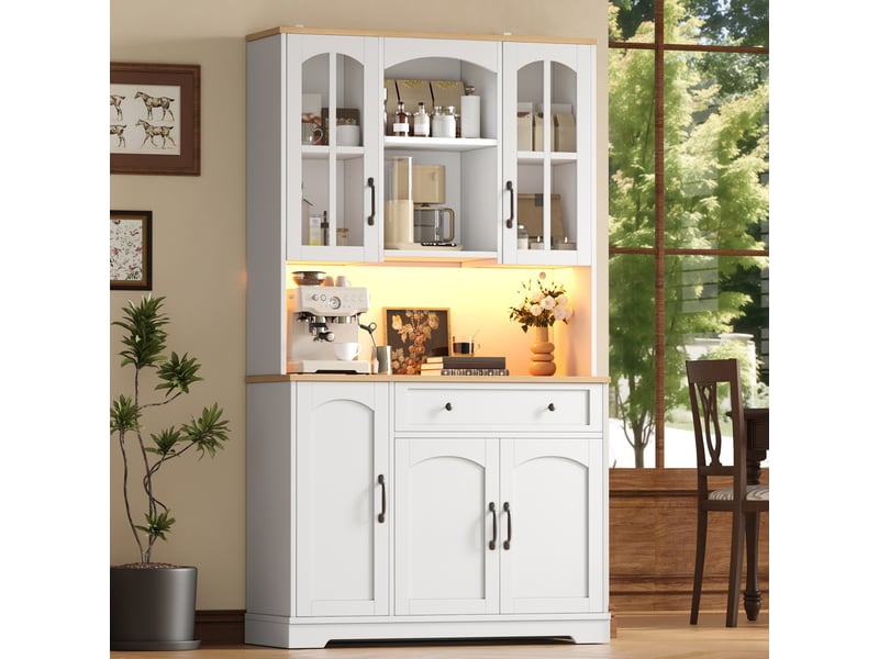  Buffet de cuisine haut avec 2 portes vitrées, 1 tiroir, étagères réglables et led pour cuisine et séjour, en mdf blanc  - Conforama B