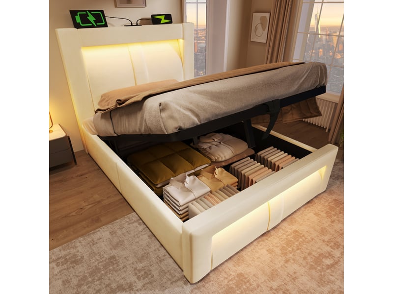  Lit coffre beige 90x200 cm avec sommier relevable hydraulique et sans matelas  - Conforama E