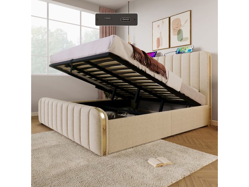 Lit coffre 180x200, ouverture hydraulique lit double, lit rembourré beige, ports usb type-c, matelas inclus, détails dorés - Conforama D