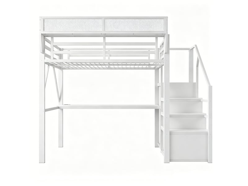  Lit mezzanine 140x200, lit en métal blanc avec grand bureau, ruban led et étagères modulables pour adultes et enfants.  - Conforama A