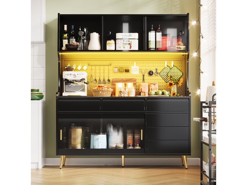  Meuble de cuisine muvano, buffet haut noir avec éclairage led, 145 × 39 × 171 cm  - Conforama C