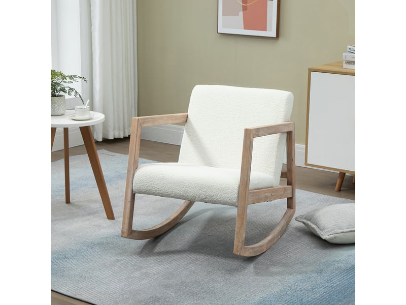  Fauteuil à bascule structure bois, rembourré, relaxant salon, assise rembourrée, bois hévéa, blanc crème, 60x81x71 cm.  - Conforama D