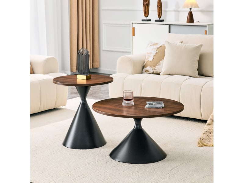  Lot de 2 tables basses gigognes 70x40+50x50 cm, empilables, gain de place, pour salon et chambre, métal, noyer et noir  - Conforama D