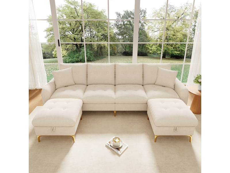 Canapé modulable 4 places en forme de u, tissu chenille beige avec 2 poufs de rangement et coussins, pour salon et grand séjour - Conforama B