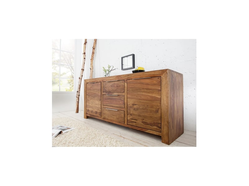 Buffet tavina 135 cm en sheesham massif verni – 2 portes, 3 tiroirs et 4 niches intérieures - Conforama B