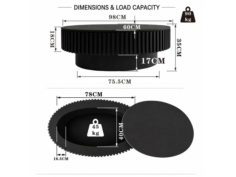  Table basse ovale noire en mdf plaqué bois avec rangement caché, design nervuré mat pour votre salon moderne  - Conforama C