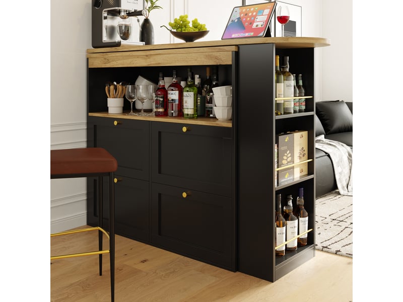  Table de bar pivotante à 360° avec 4 tiroirs et étagères, meuble de rangement en mdf, couleur principale noire moderne, 105x39x102cm.  - Conforama E