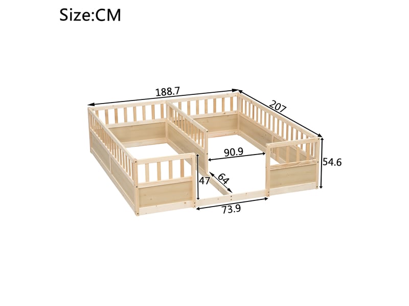 Lit double enfant 2x90x200 cm, lit de sol en pin naturel avec barrières hautes, sans matelas - Conforama C