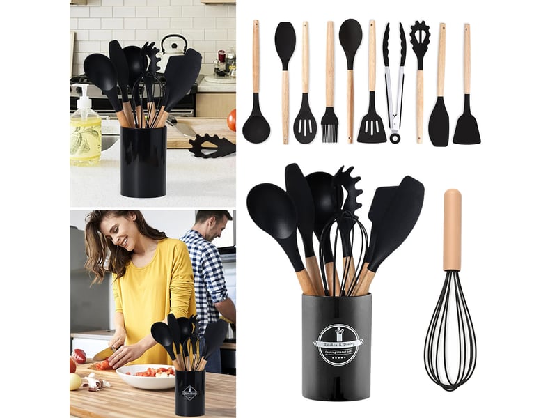 Set de 12 ustensiles de cuisine,meulva,32x10x10 cm,avec support,silicone,noir - Conforama D