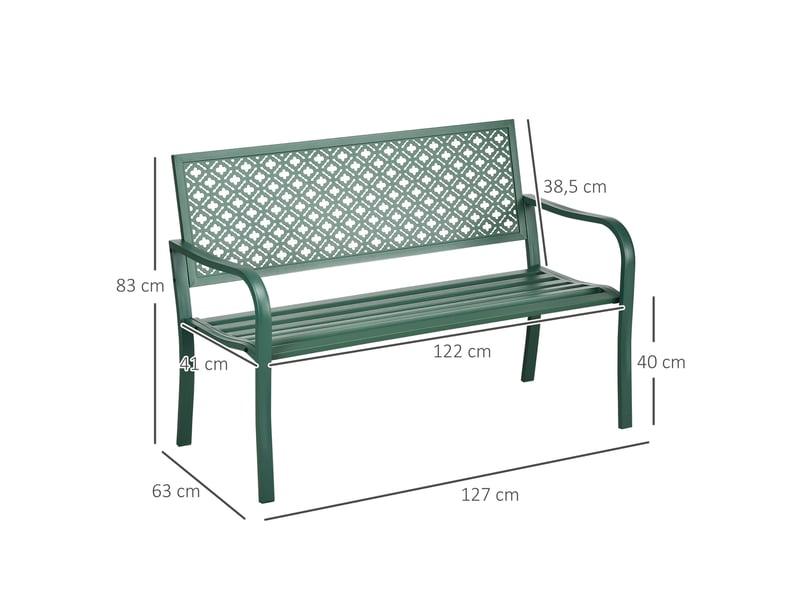  Banc de jardin en métal, 2 places, résistant aux intempéries, 127 cm x 63 cm x 83 cm, vert  - Conforama E