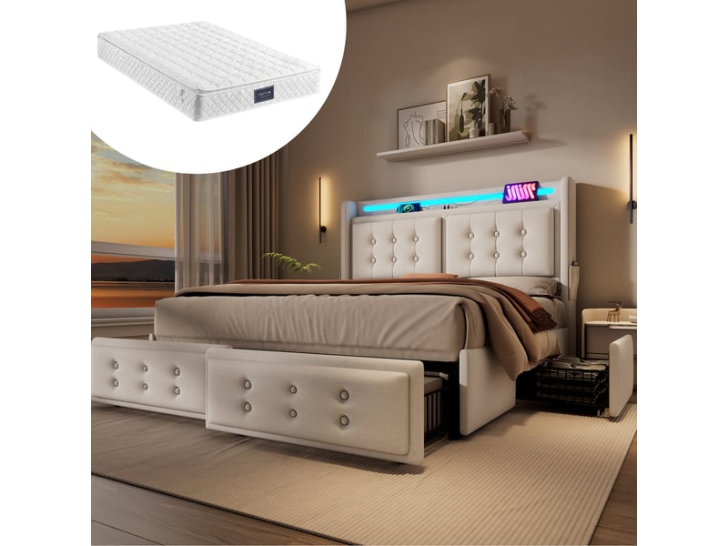  Lit coffre 160 × 200 cm 2 places avec 4 tiroirs, led multicolore, usb et type-c, matelas inclus, beige  - Conforama B