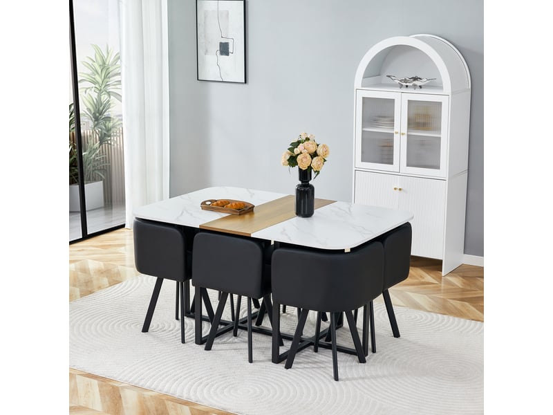  Ensemble table et 6 chaises, table à manger 6 places en mélamine blanc et bois, assises pu et structure métallique noire  - Conforama B